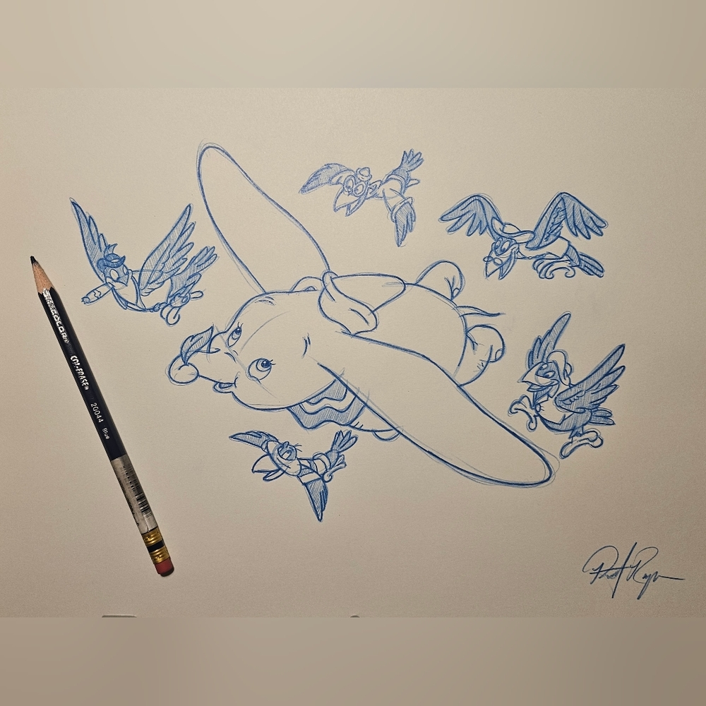 Disney Dumbo with Crows Drawing/Sketch animation art handmade signed